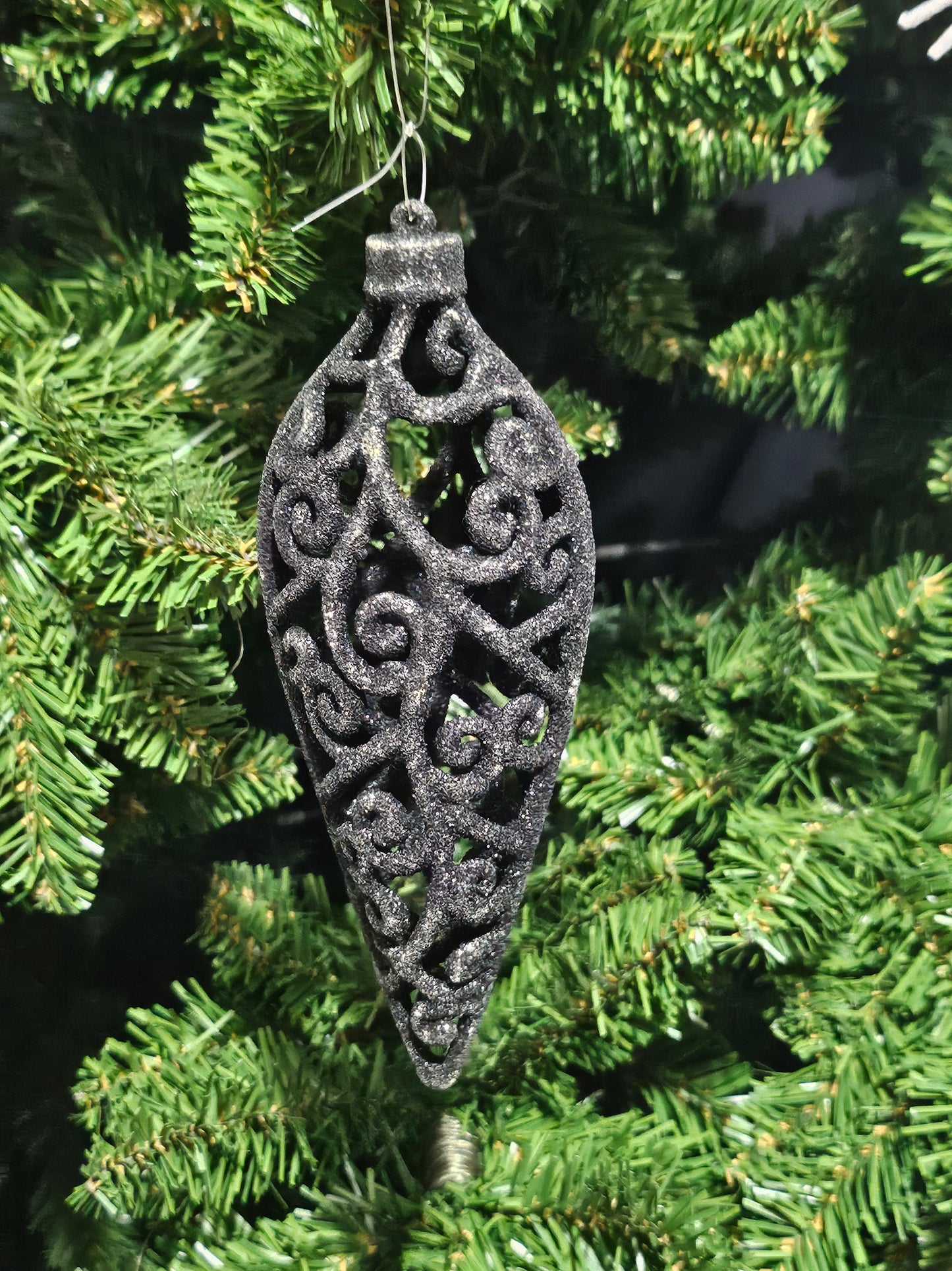 Sort Dråpe Juletrepynt 10 cm med Glitter - Elegant Juledekorasjon