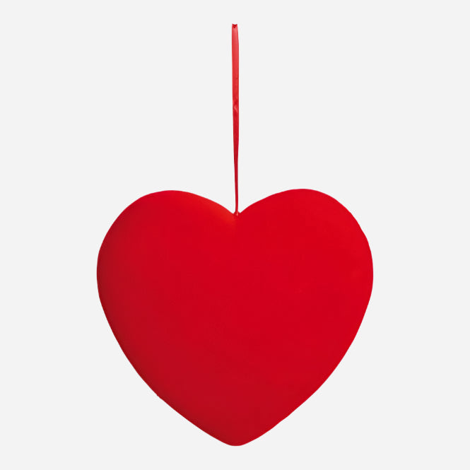 Dekor Hjerte i Velur 19 cm - Rød Hjertepynt med Silkebånd