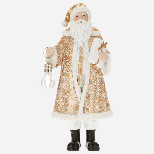 Julenisse med Gulldrakt og Gave 29 cm - LED Juledekorasjon
