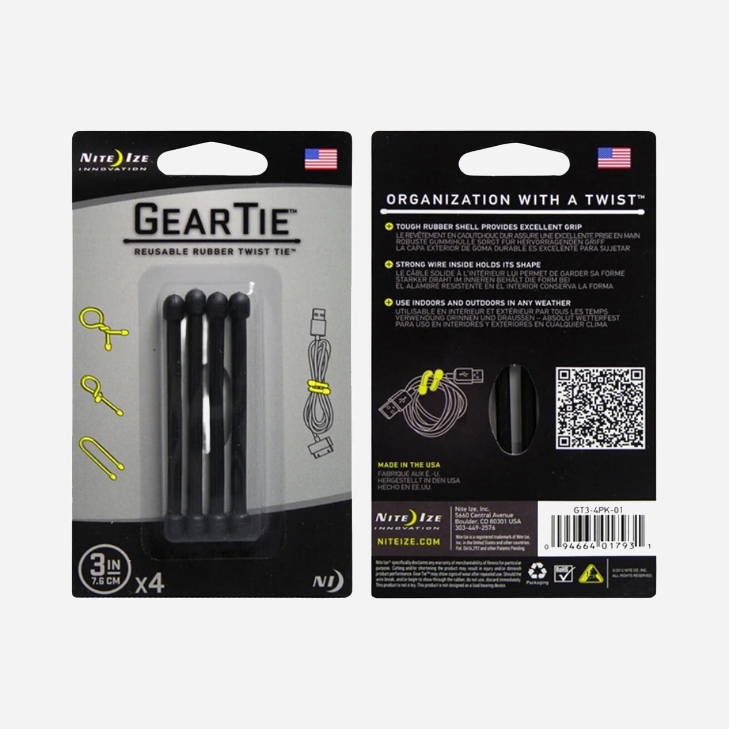 Nite Ize Gear Tie 4-pk - Bøybar Gummibelagt Vaier for Organisering