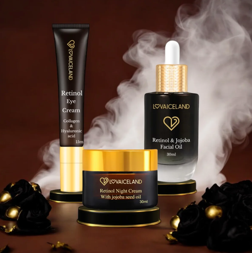 LovaIceland Retinol Kveldssett - Luksus Hudpleie med Ansiktsolje, Nattkrem & Øyekrem