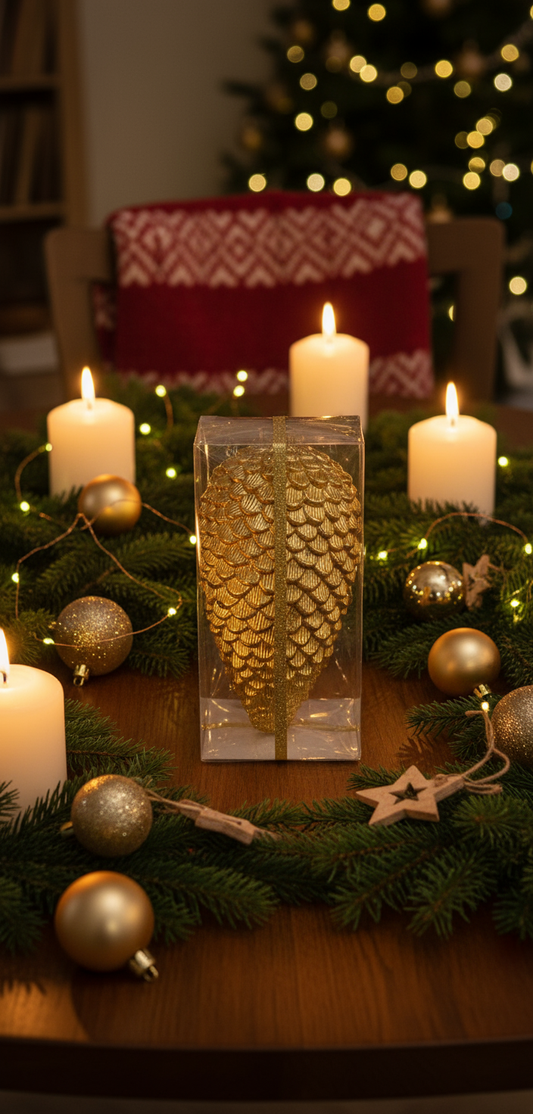 Gullkongle i gaveeske med juledekorasjon