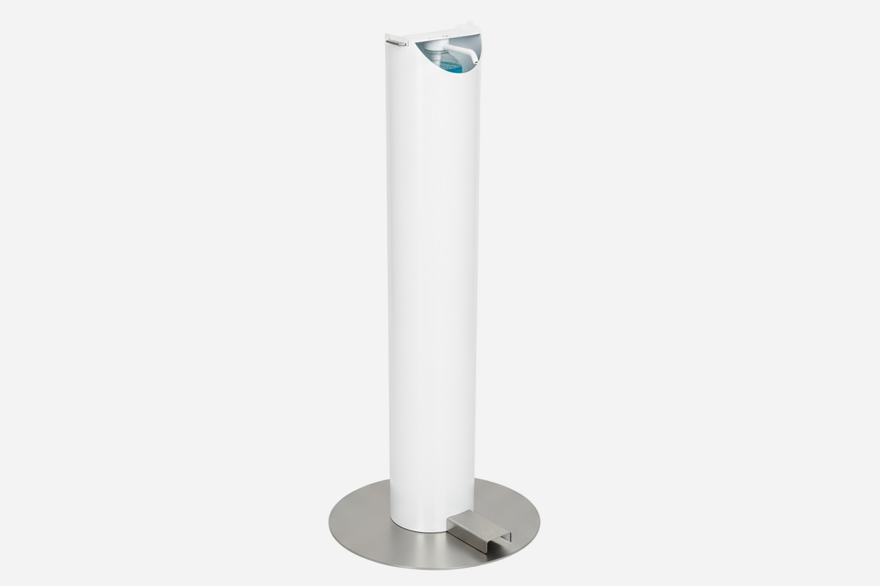 Gulvdispenser med hvit søyle og rustfri fot