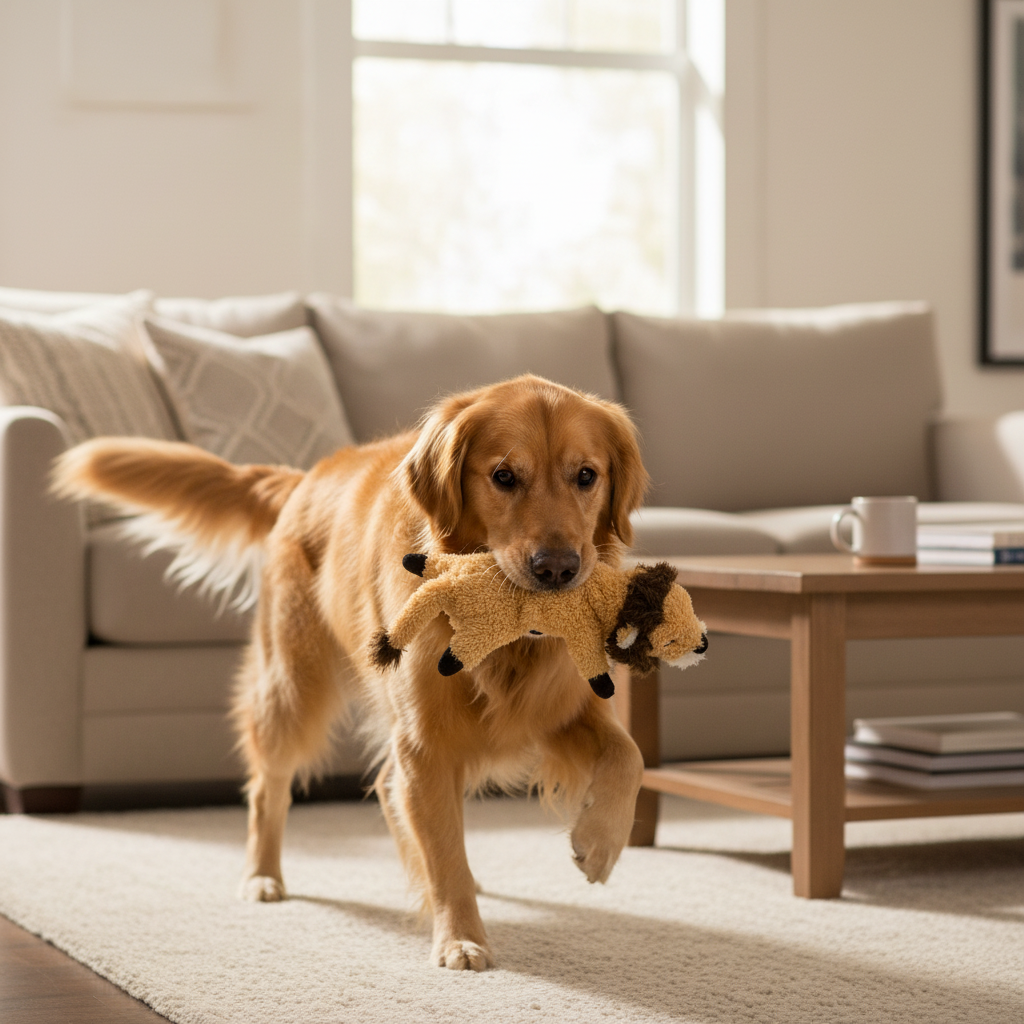 Hund leker med plysj løveleke