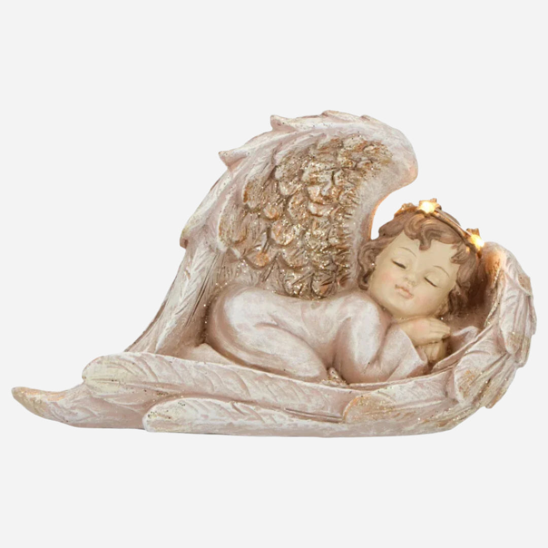 Sovende Engel på Vinge med LED-lys 23x10x14 cm