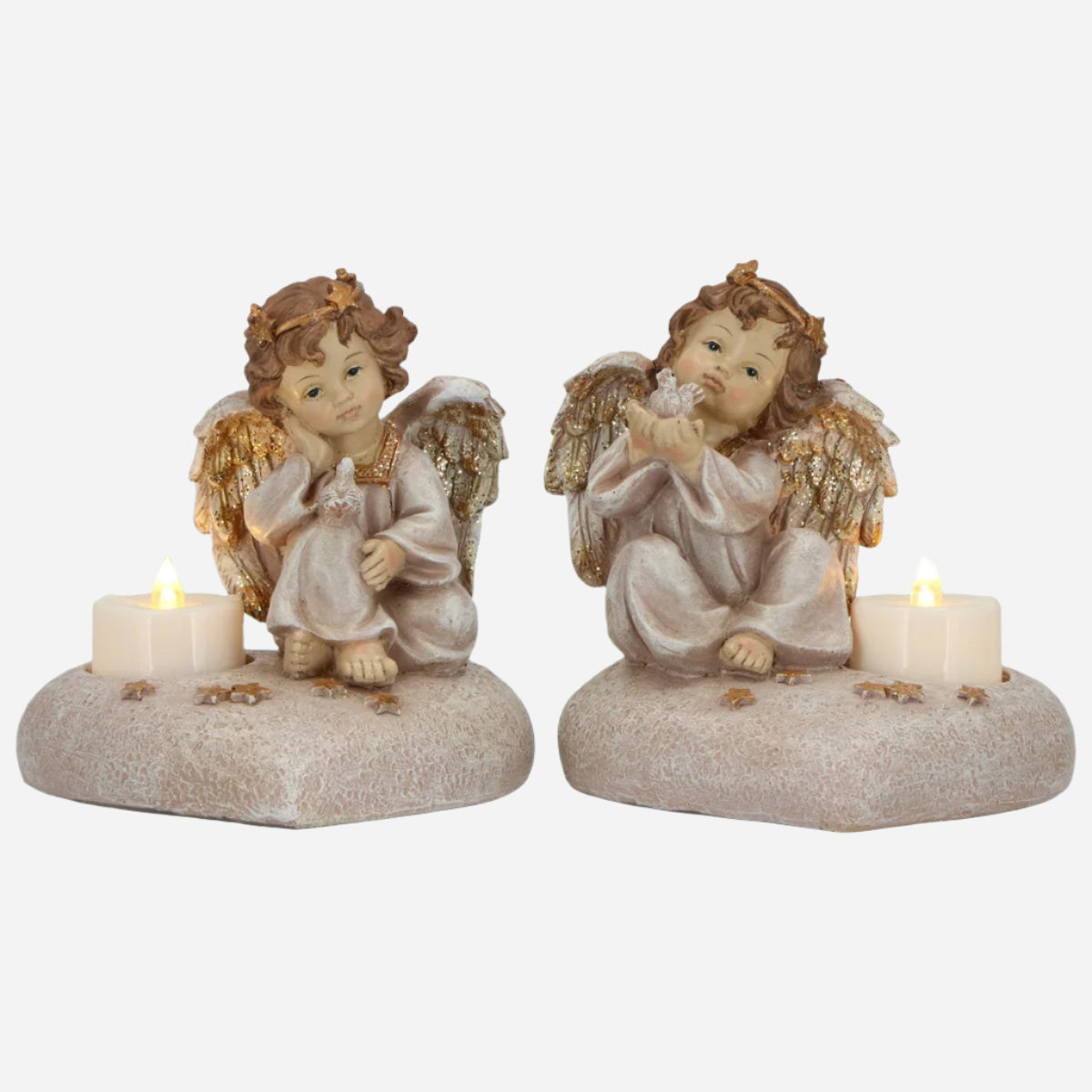 Engler med Led Telys - Champagne & Gull 15x13,5x15 cm