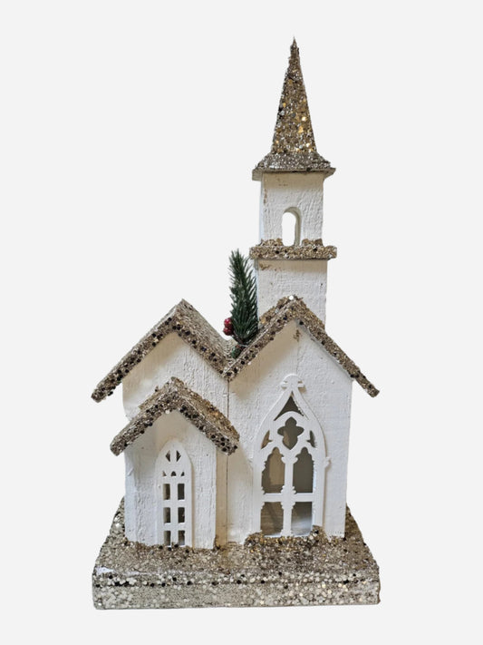 Julekirke med LED-lys og Gullpynt 24x48 cm