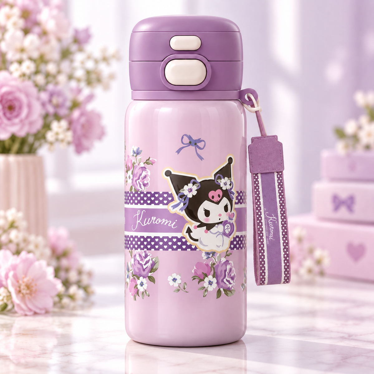 Sanrio Kuromi termosflaske med sugerør 500 ml – Lilla