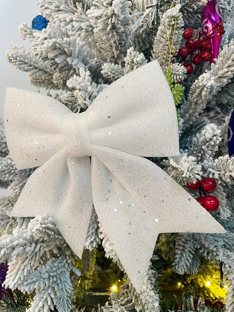 Stor hvit glittersløyfe 29x25cm - Glitter juledekorasjon