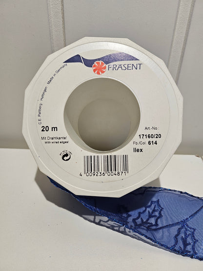 Prasent silkebånd blå m\sølvdetaljer 60 mm - 20m