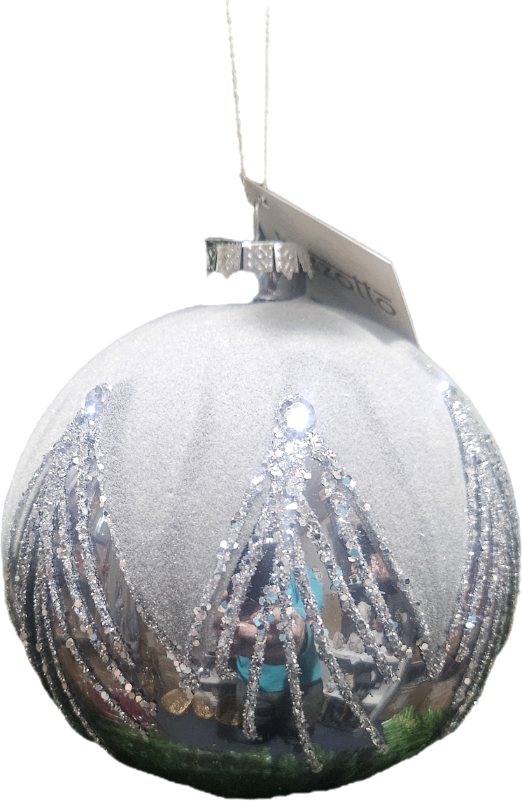 Julekule blank sølv med stoff 10 cm - juletrepynt - 4 pk