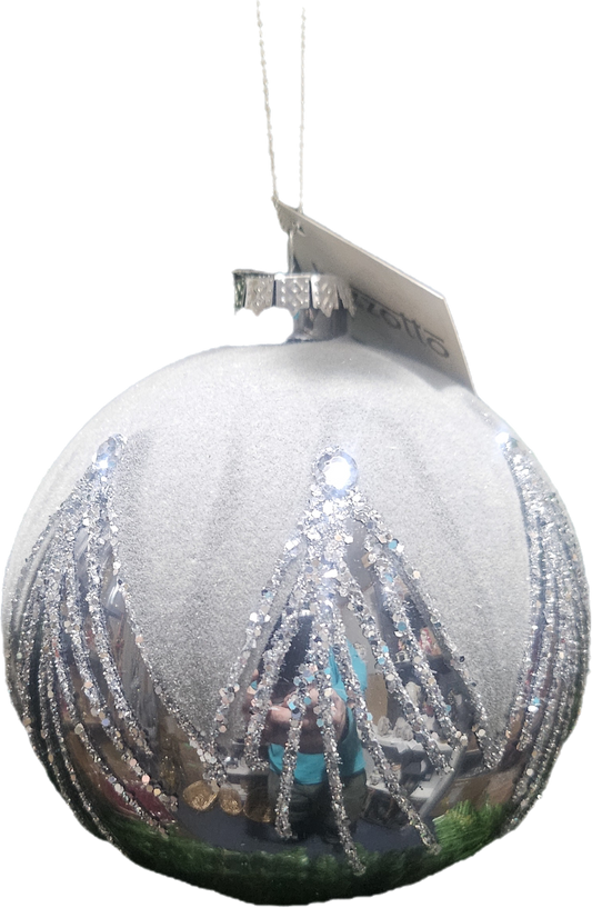 Julekule blank sølv med stoff 10 cm - juletrepynt - 4 pk