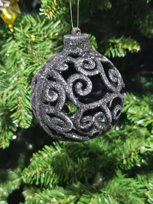 Sort julekule med glitter 10 cm