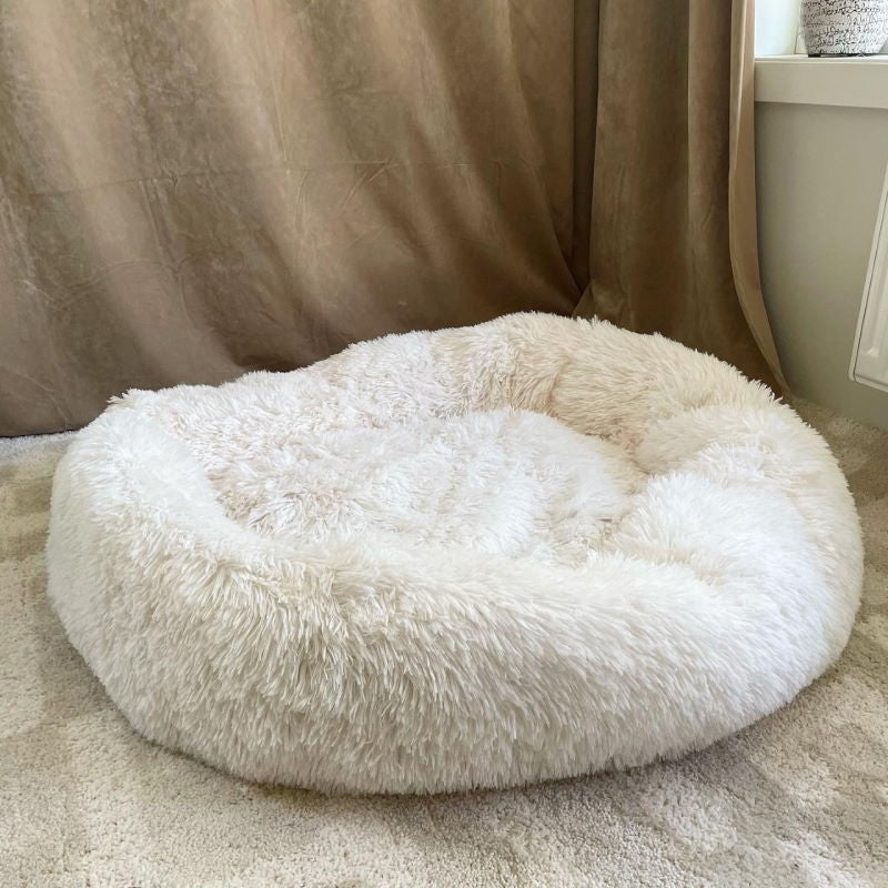 Donut hunde- og katteseng hvit – myk og fluffy, 6 størrelser