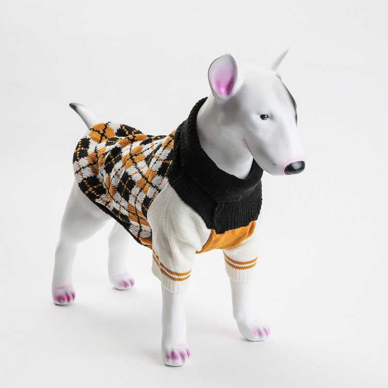 Strikket hundegenser rutete – svart/hvit/gul (M, L, XL)