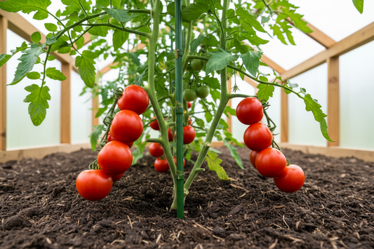 Bambusstokk i jord med tomatplanter