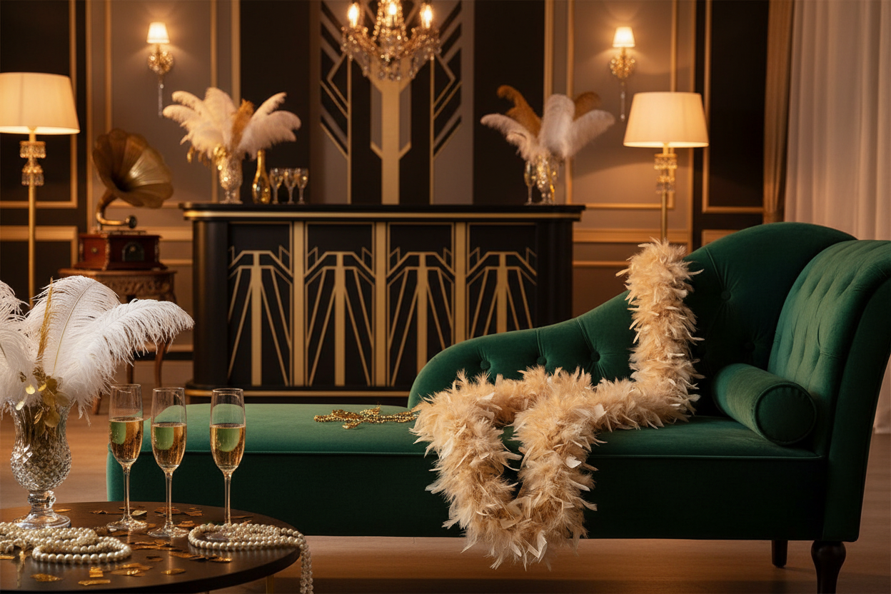 Beige fjærboa i festlig 20-tallsmiljø