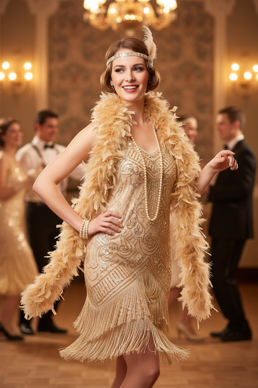Beige fjærboa på person i 20-tallsstil