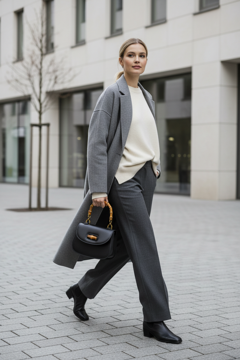 Dame som går ute med sort kuskinnveske