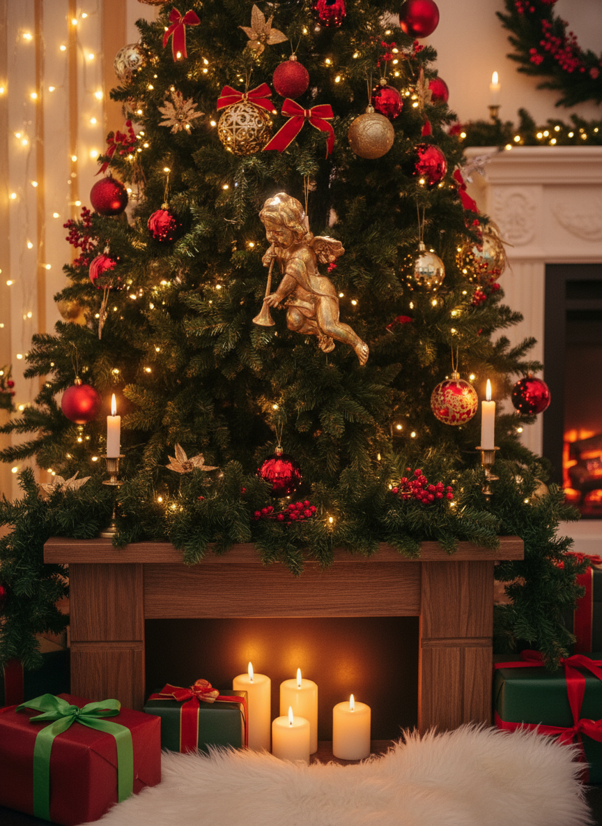 Engel av gull med trompet i julemiljø