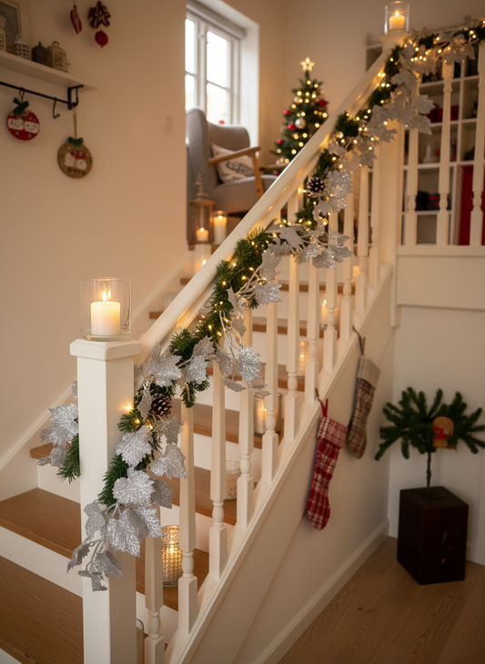 Glitter blader i julepyntet interiør