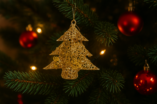 Gullfarget juletre hengende på juletre