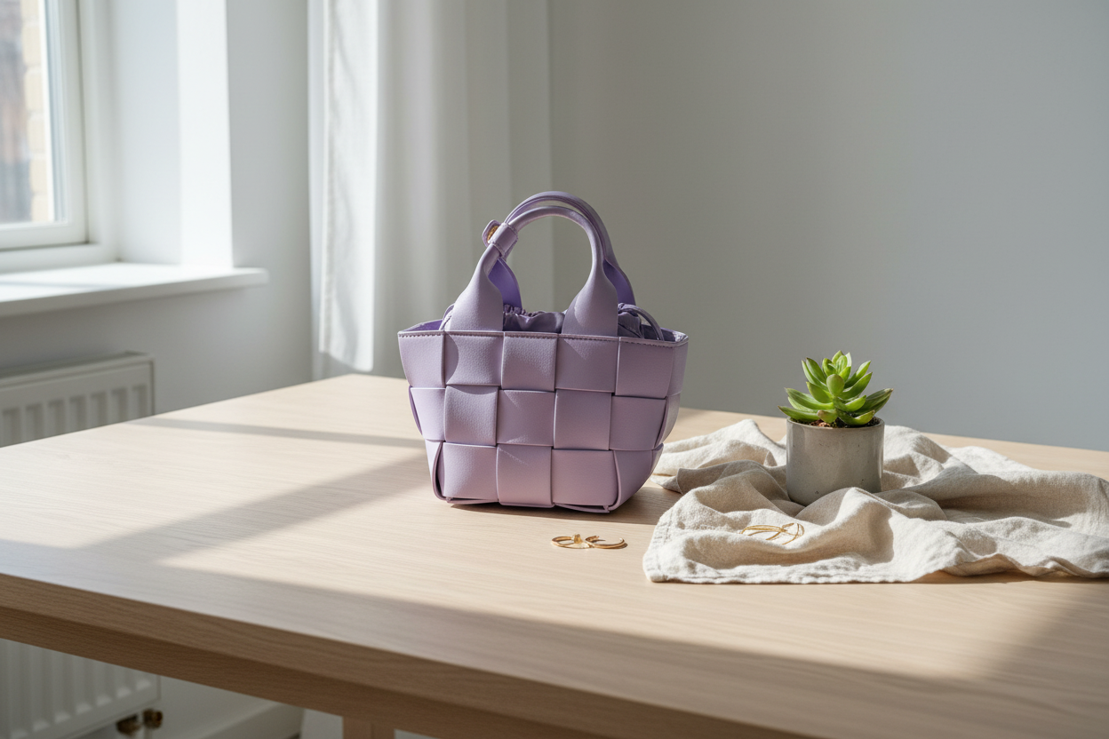 Håndlaget flettet veske i nordisk-minimalistisk setting