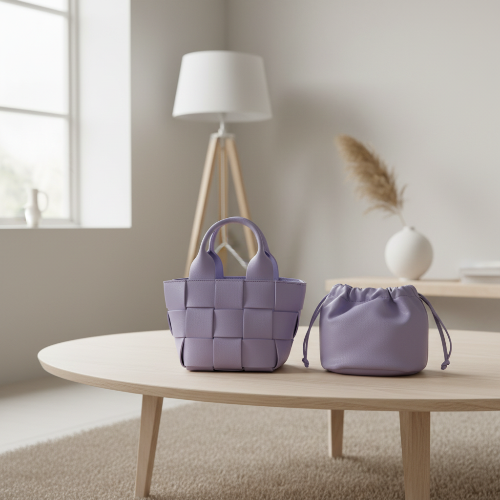 Håndlaget flettet veske i nordisk minimalistisk setting