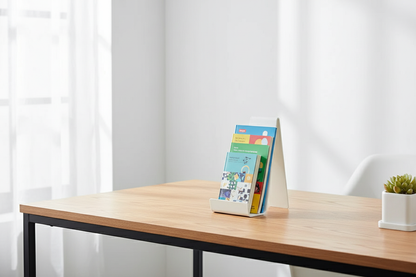 Hvit displayholder i skandinavisk kontormiljø