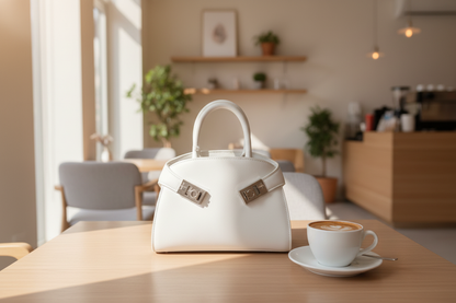Hvit veske i kuskinn på kafé