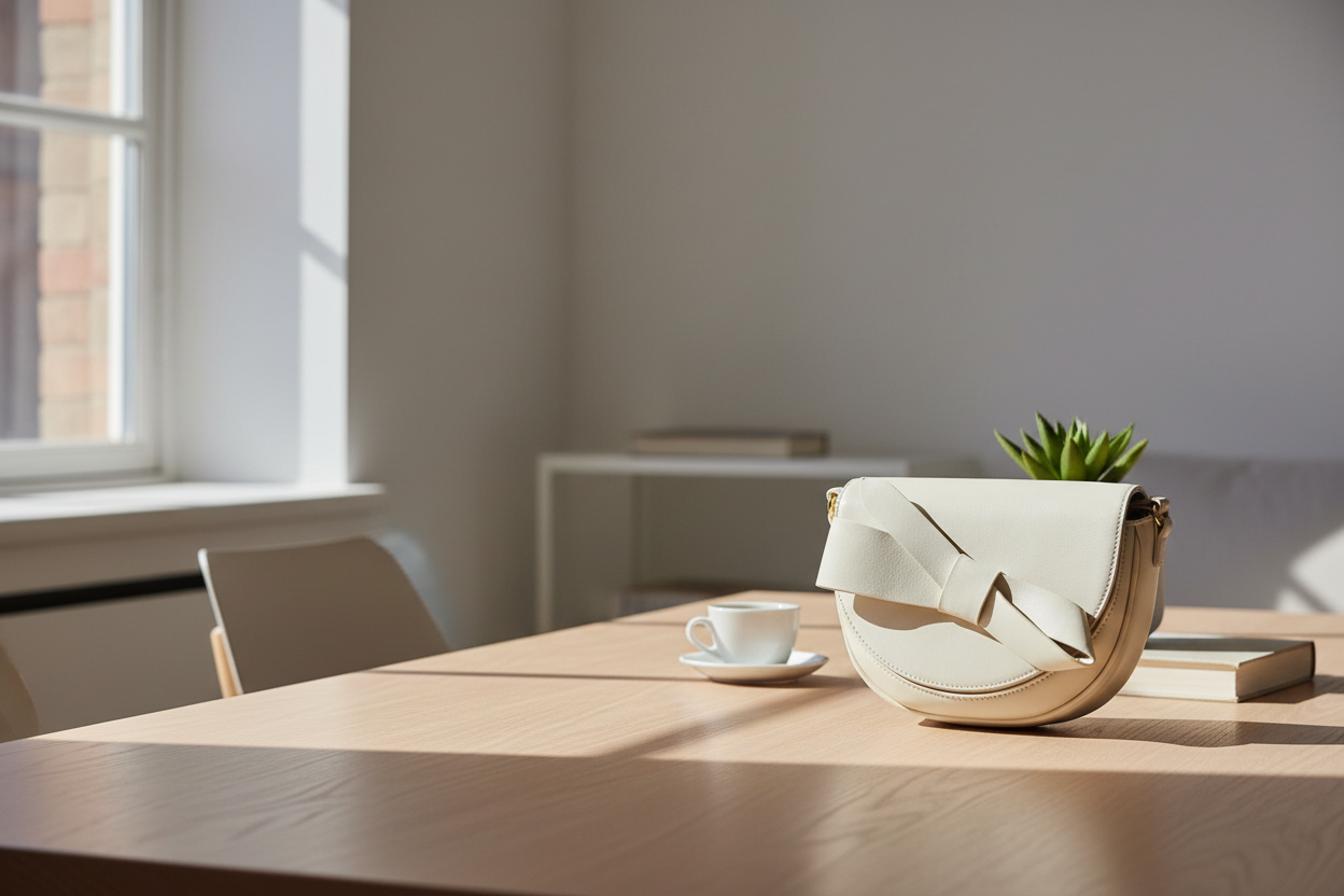 Hvit veske med sløyfe på bord