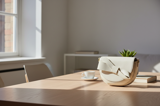 Hvit veske med sløyfe på bord