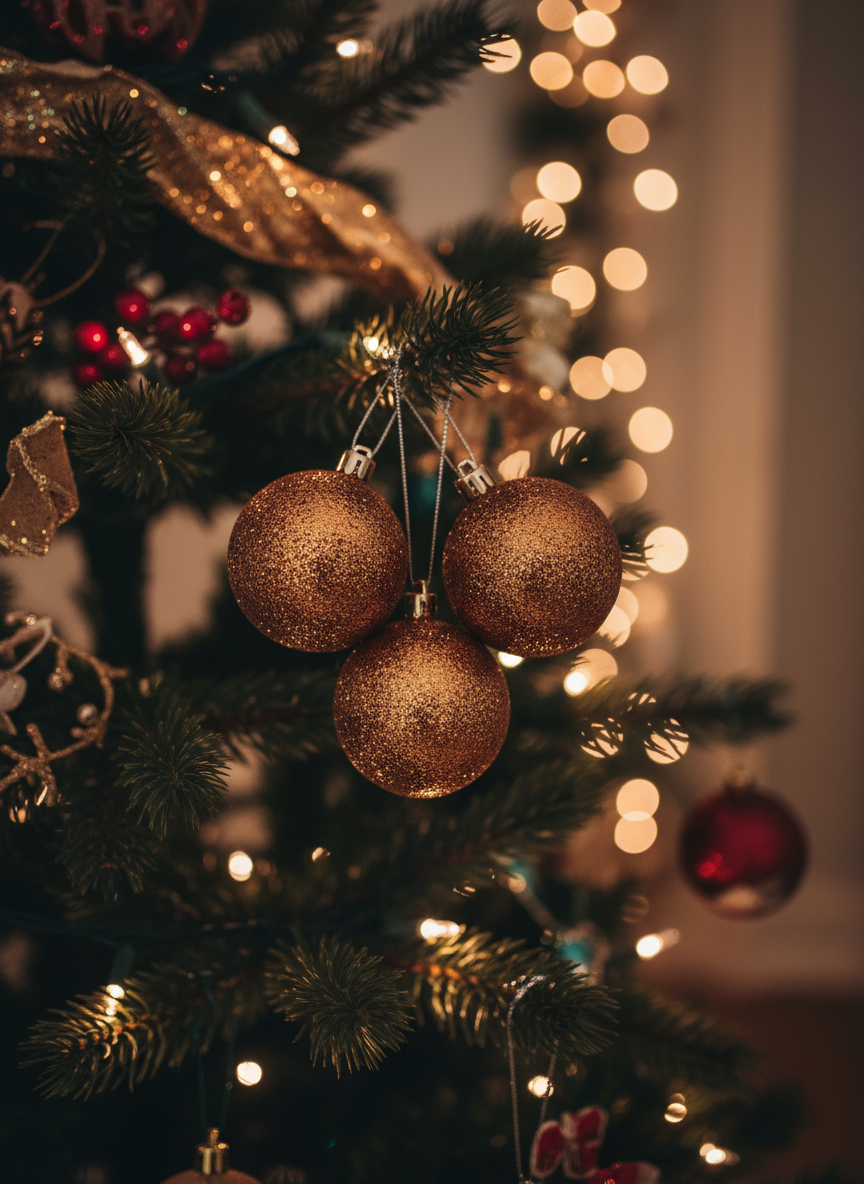 Julekuler i gull i juleomgivelser