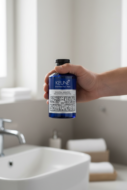 Keune 1922 Essential Shampoo i mannens hånd