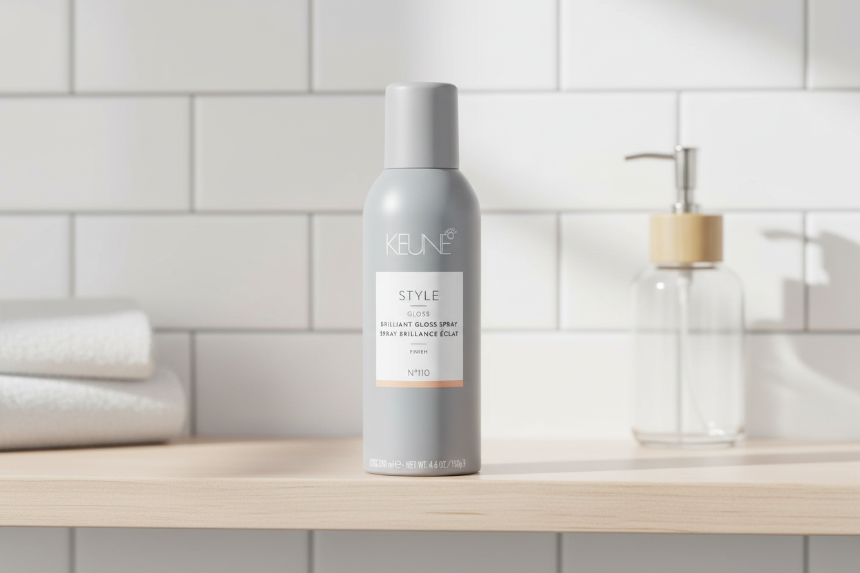 Keune Style brilliant gloss spray i fokus på baderomsshylle