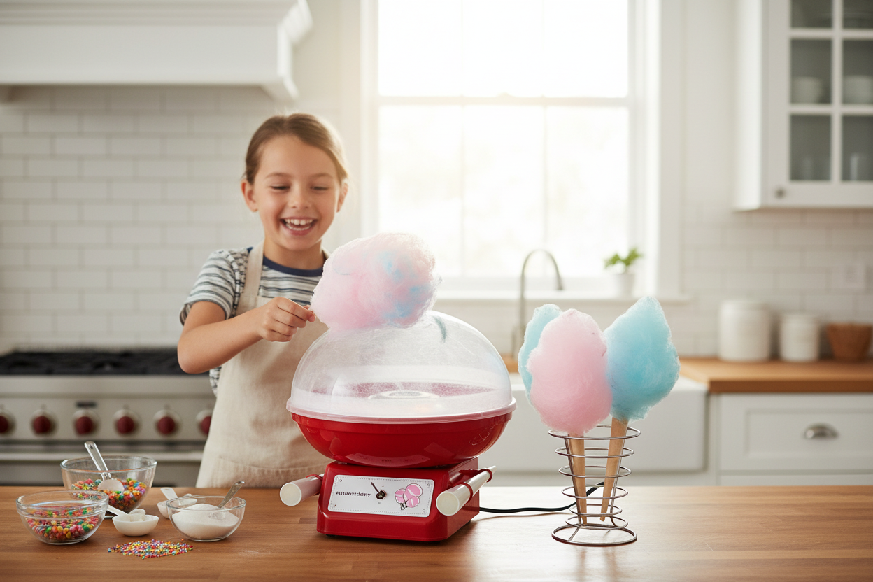 KitchenFactory Cotton Candy Maker – livsstilsbilde med produktbilde