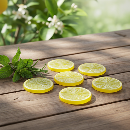 Kunstige sitronskiver i naturlige omgivelser