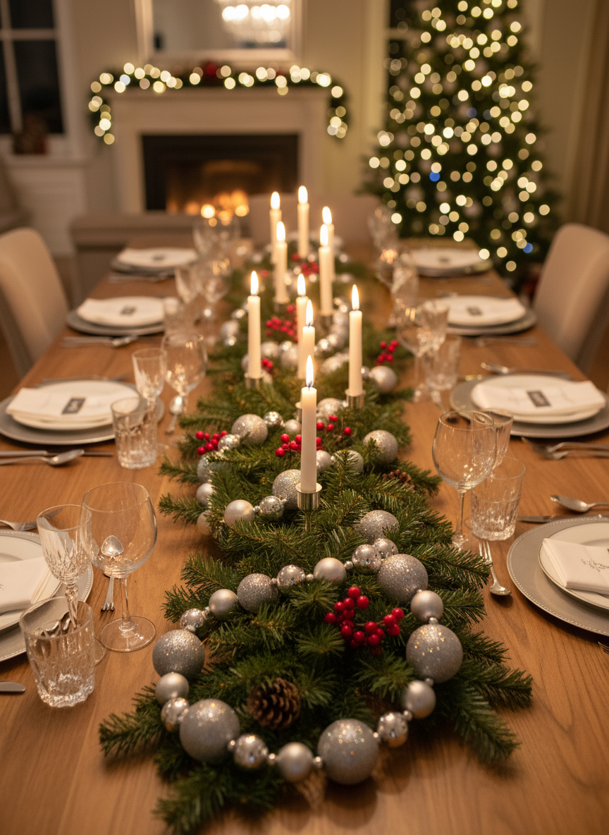 Lenke med julekuler som borddekorasjon