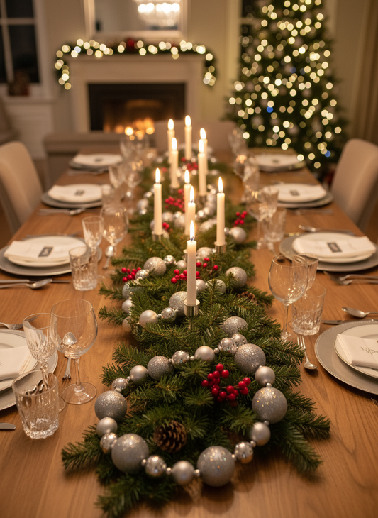 Lenke med julekuler som borddekorasjon