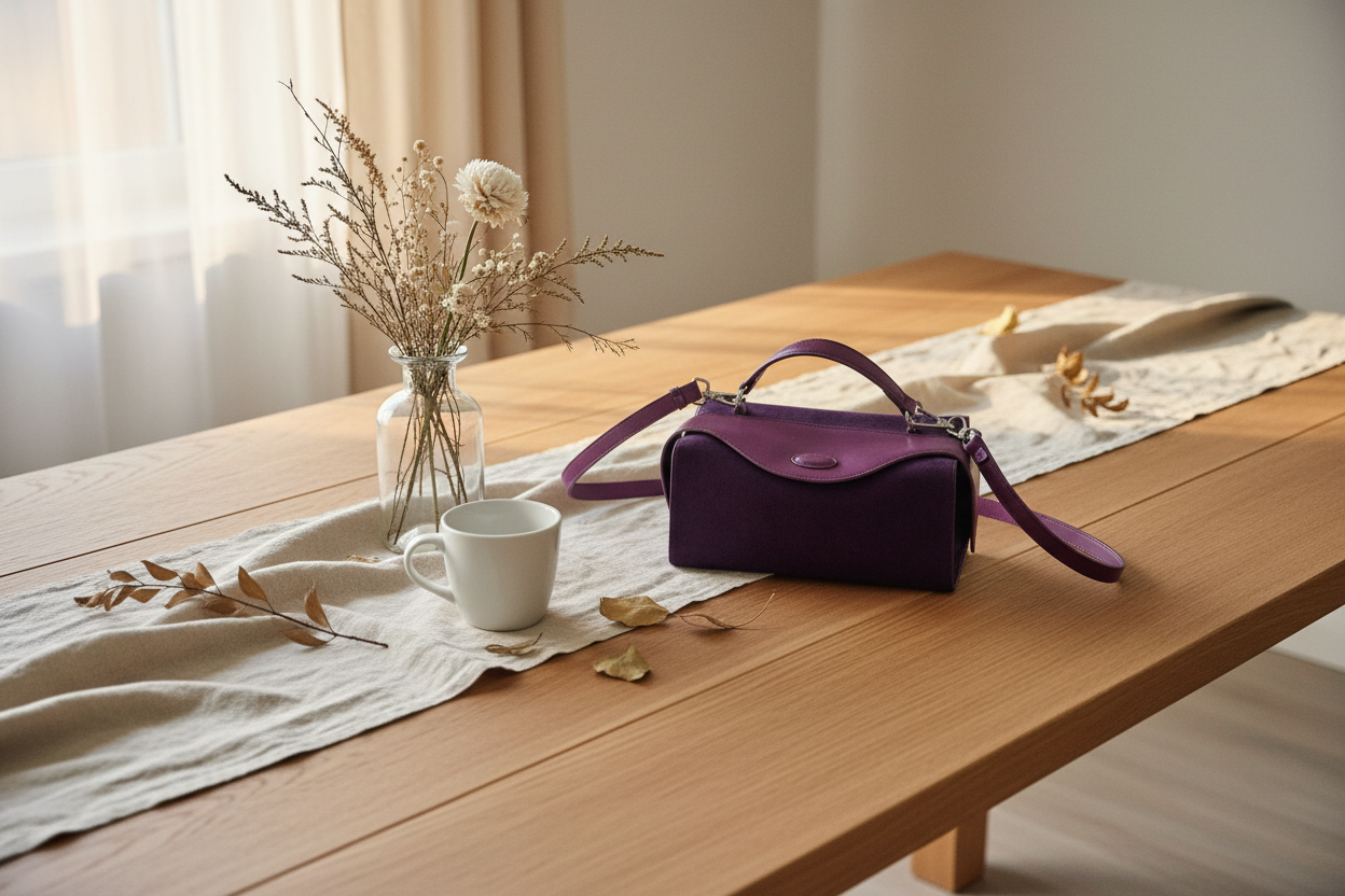 Lilla kuskinnveske stående i nordisk lifestyle-setting