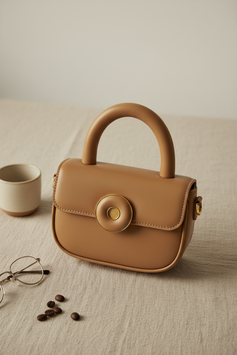 Liten brun håndveske med mer fokus