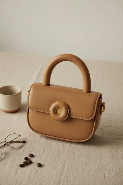 Liten brun håndveske med mer fokus