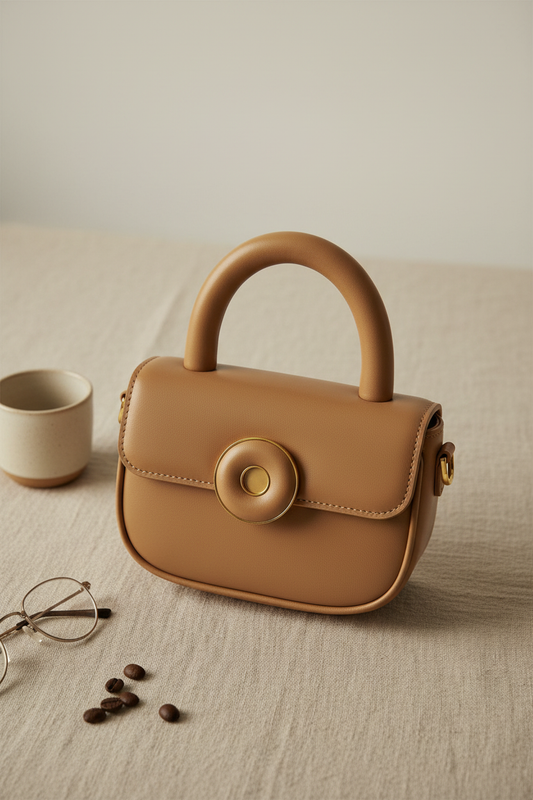 Liten brun håndveske med mer fokus