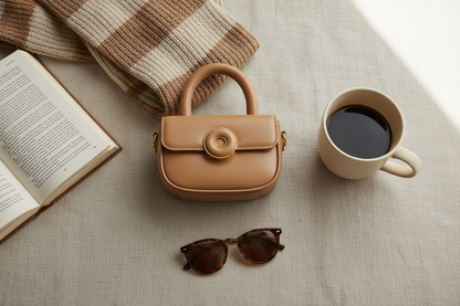 Liten brun håndveske med størrelsesperspektiv