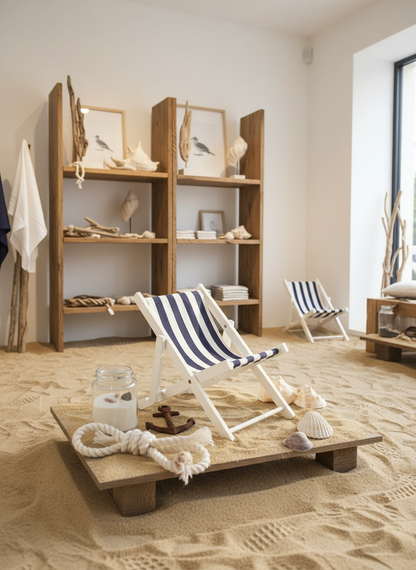 Maritim strandstol i butikkdekorasjon med sand