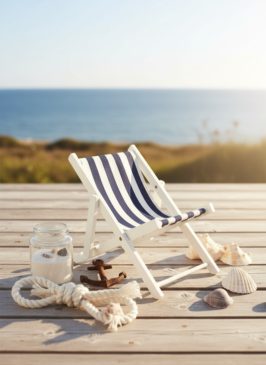 Maritim strandstol i sommeromgivelser