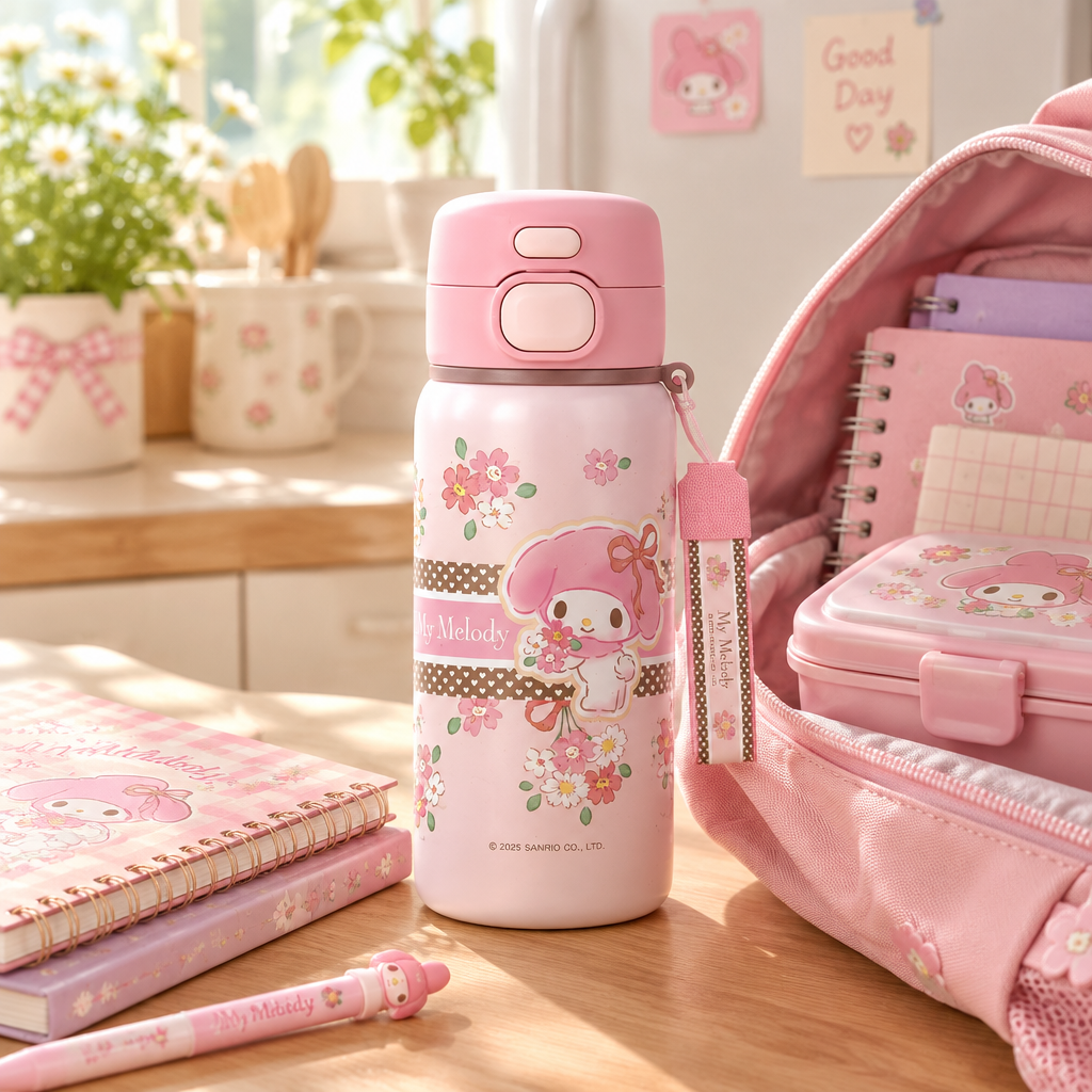 My Melody termosflaske i en koselig hverdagssetting