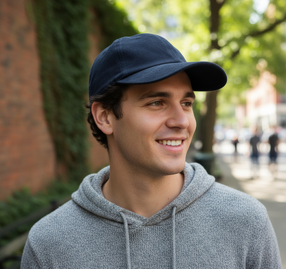 Navy semsket caps på annen person