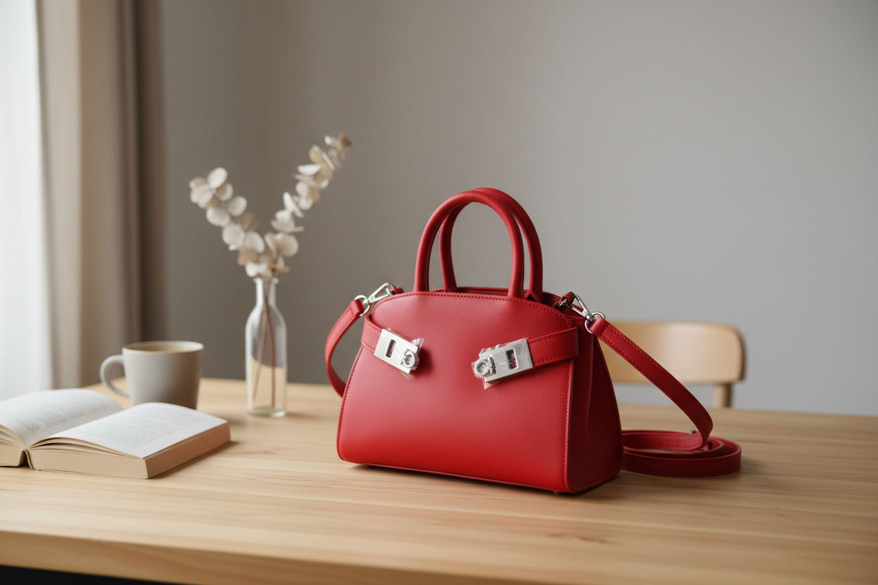 Rød kuskinnveske i nordisk setting