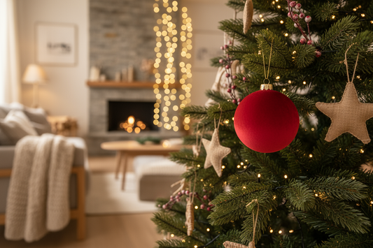 Rød velour julekule i julemiljø